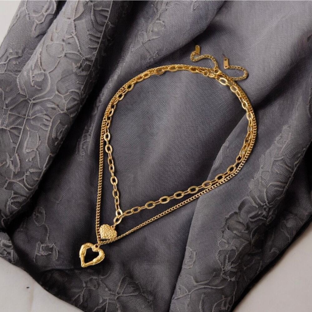 NEW 18K karat yellow gold plated double layer heart charm necklace jewelry B3A